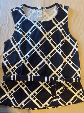 BarbaraMac Navy and White Geometric Belted Sleeveless Top